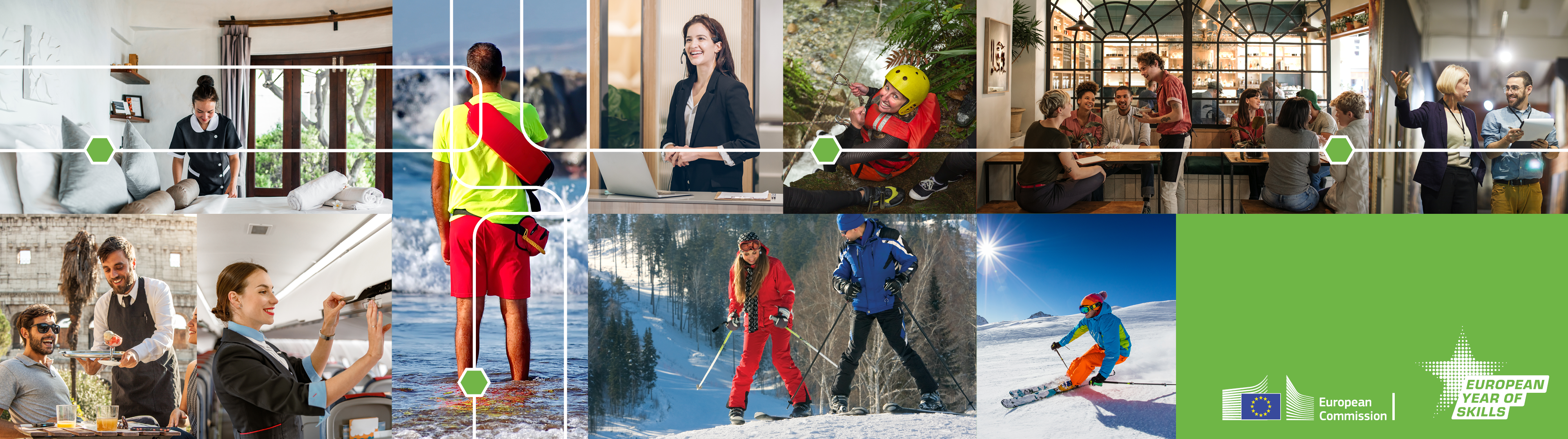 Photographs of people working in a hotel, restaurant and cafe, as an air hostess and a ski instructor. The logos for "European Commission" and "European Year of Skills" appear.